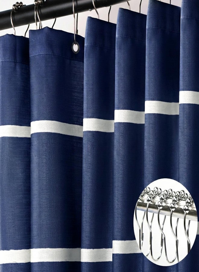 Treory Navy Blue Striped Shower Curtain, Modern Coastal Bathroom Decor, Clean White Horizontal Stripes, Linen Texture Waterproof Fabric, 72" x 72" - Image 5