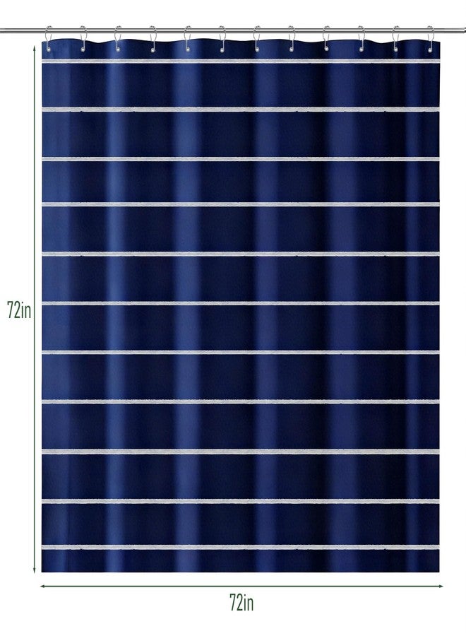 Treory Navy Blue Striped Shower Curtain, Modern Coastal Bathroom Decor, Clean White Horizontal Stripes, Linen Texture Waterproof Fabric, 72" x 72" - Image 2