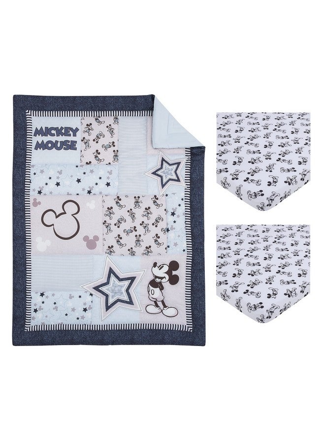 Disney Mickey Mouse Timeless Mickey Gray, White, & Blue Stars & Icons 3Piece Nursery Mini Crib Bedding Set - Comforter & Two Fitted Mini Crib Sheets, Navy, Grey, Black, White - Image 4