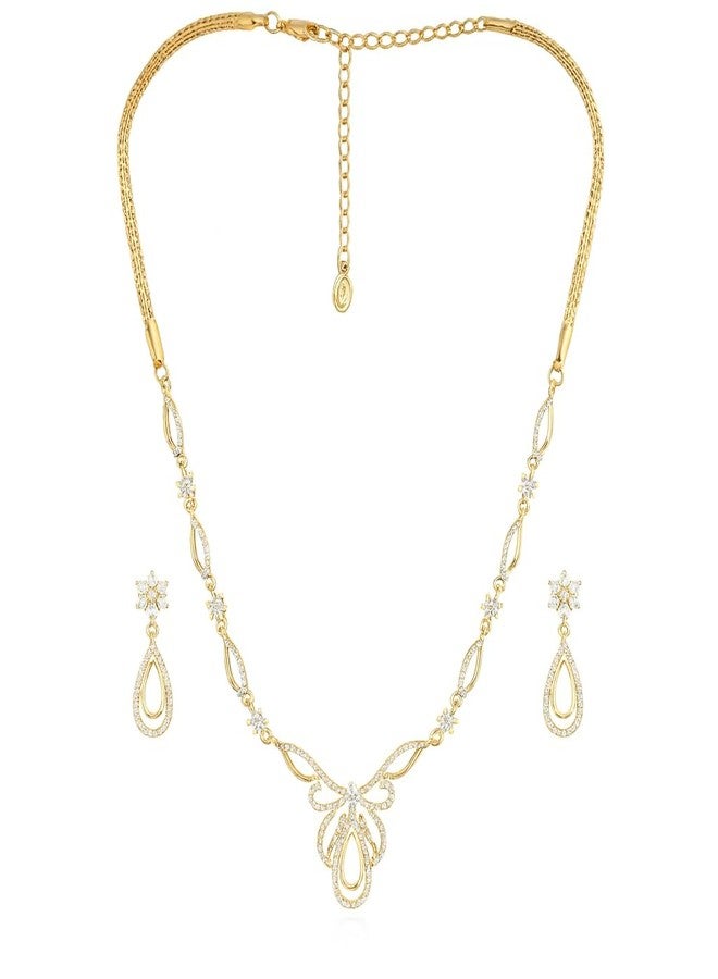 Estele 24 Kt Gold Plated Oval Halo American Diamond Necklace Set For Valentines Day Gift - Image 2