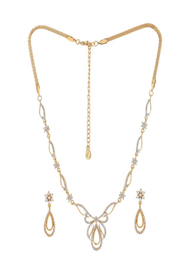 Estele 24 Kt Gold Plated Oval Halo American Diamond Necklace Set For Valentines Day Gift - Image 1
