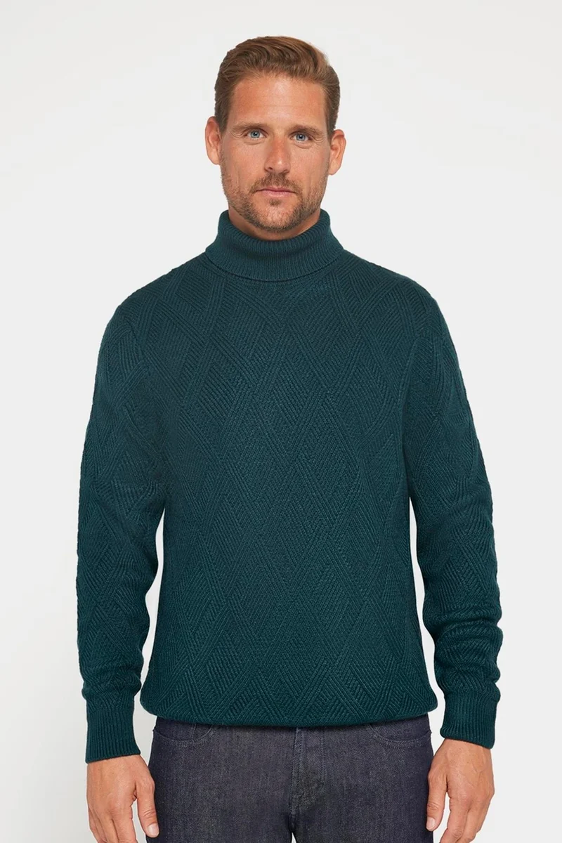 Tudors Slim Fit Slim Fit Full Turtleneck Patterned Green Men's Knitwear Sweater
