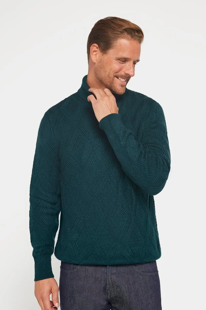 Tudors Slim Fit Slim Fit Full Turtleneck Patterned Green Men's Knitwear Sweater