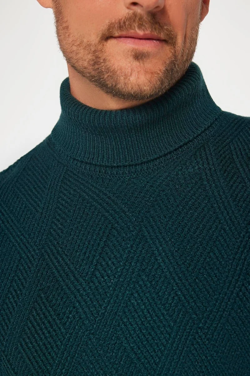 Tudors Slim Fit Slim Fit Full Turtleneck Patterned Green Men's Knitwear Sweater