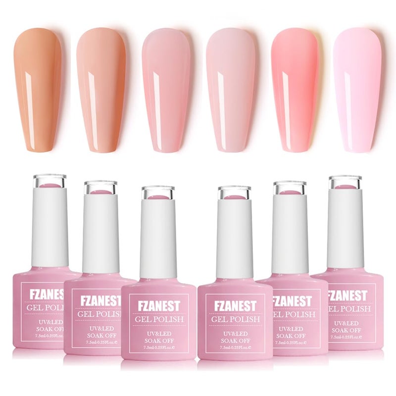 FZANEST Gel Nail Polish Jelly Nude Set,Sheer Natural Milky Pink 6 Colors Gel Polish Nail Kit Soak Off LED UV Varnish Nail Art Manicure Kit - Image 1