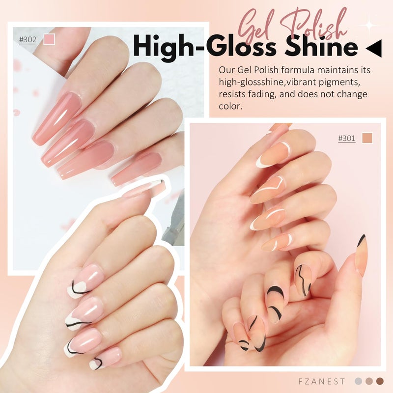 FZANEST Gel Nail Polish Jelly Nude Set,Sheer Natural Milky Pink 6 Colors Gel Polish Nail Kit Soak Off LED UV Varnish Nail Art Manicure Kit - Image 4
