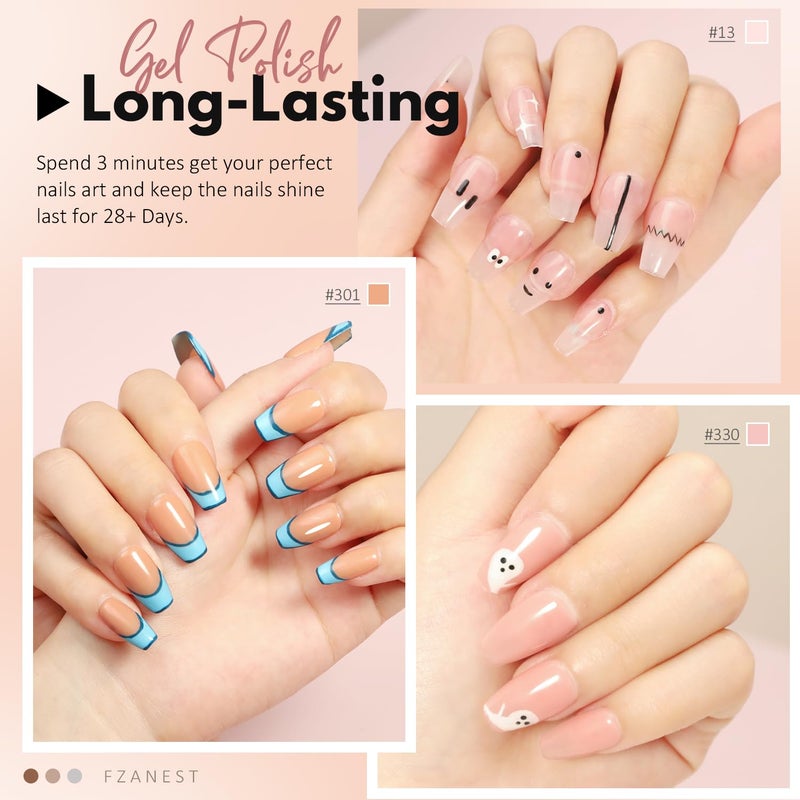 FZANEST Gel Nail Polish Jelly Nude Set,Sheer Natural Milky Pink 6 Colors Gel Polish Nail Kit Soak Off LED UV Varnish Nail Art Manicure Kit - Image 3