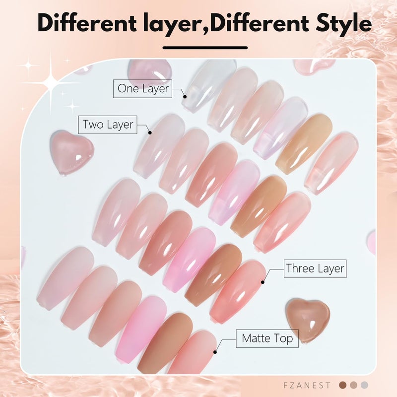 FZANEST Gel Nail Polish Jelly Nude Set,Sheer Natural Milky Pink 6 Colors Gel Polish Nail Kit Soak Off LED UV Varnish Nail Art Manicure Kit - Image 2