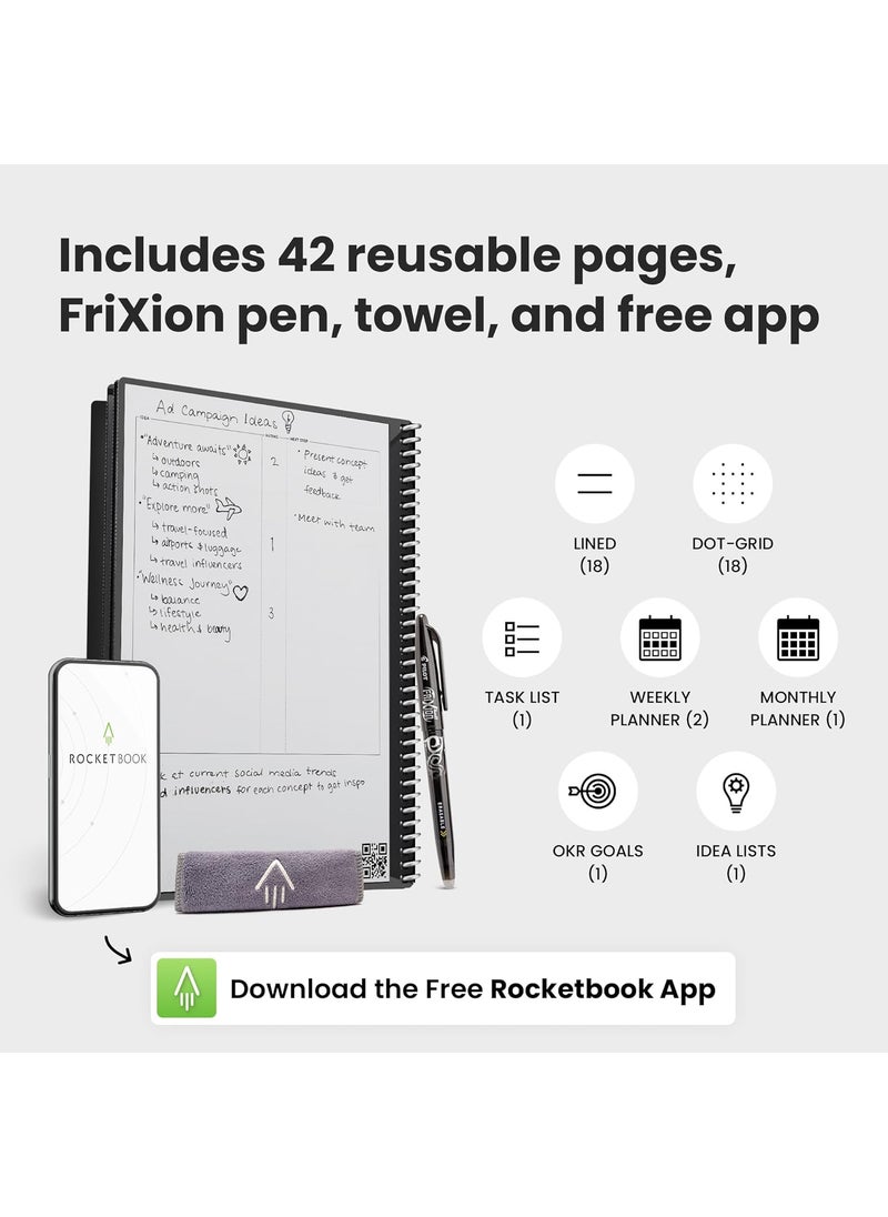 Rocketbook - Rocketbook Fusion Reusable Undated Productivity Planner Executive Size 6x88 Black  Goals Monthly and Weekly Calendar Daily Todo List Lined and Dotted Notes Pages - Image 1