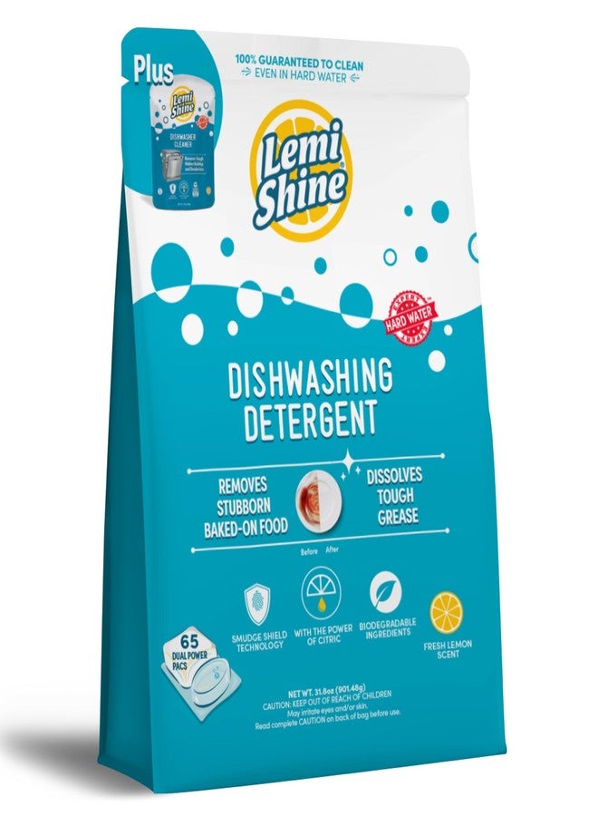 Lemi Shine Natural Dishwasher Detergent Pods + Dishwasher Cleaner 1 ct | All-In-One Powder & Gel Pods with Powerful Citric Acid | Eco Friendly Dish Wash Cleaning Supplies - 65 Count - Image 1