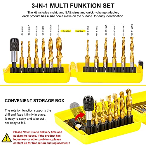 TOPEC Tap Bit Set, 3-in-1 HSS Titanium Coated Combination Drill and Tap Set for Drilling, Tapping and Countersinking, SAE/Metric Threading Drill bit Kit with Quick-Change Adapter, 13-Piece - Image 4