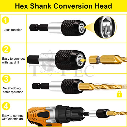 TOPEC Tap Bit Set, 3-in-1 HSS Titanium Coated Combination Drill and Tap Set for Drilling, Tapping and Countersinking, SAE/Metric Threading Drill bit Kit with Quick-Change Adapter, 13-Piece - Image 5