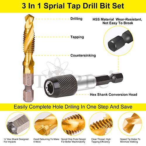 TOPEC Tap Bit Set, 3-in-1 HSS Titanium Coated Combination Drill and Tap Set for Drilling, Tapping and Countersinking, SAE/Metric Threading Drill bit Kit with Quick-Change Adapter, 13-Piece - Image 2