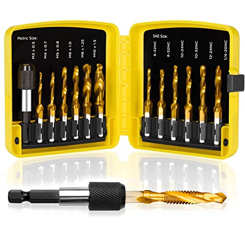 TOPEC Tap Bit Set, 3-in-1 HSS Titanium Coated Combination Drill and Tap Set for Drilling, Tapping and Countersinking, SAE/Metric Threading Drill bit Kit with Quick-Change Adapter, 13-Piece - Image 1