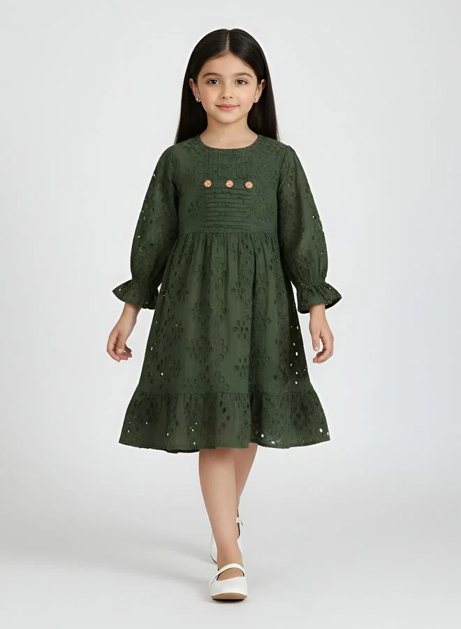 Bella Moda Schifli Cutwork Dress with Pleated Yoke and Puff Sleeves