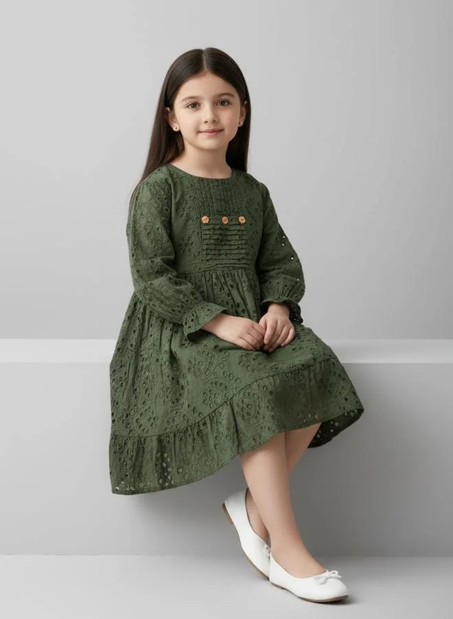 Bella Moda Schifli Cutwork Dress with Pleated Yoke and Puff Sleeves