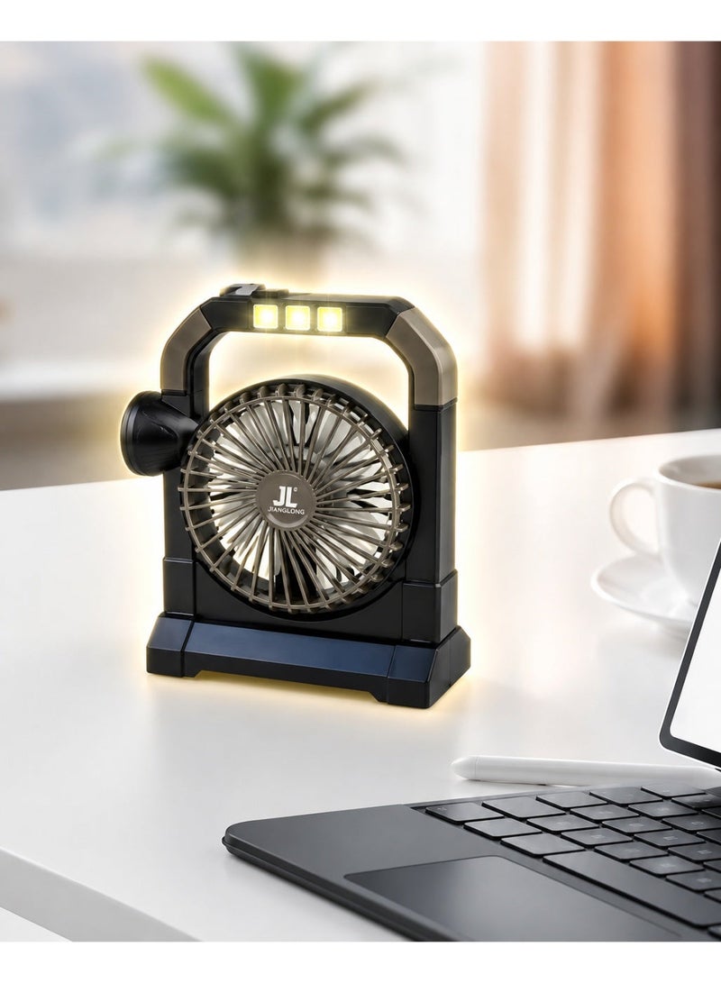 مصباح مروحة شمسي فاخر JL-9522 | مصباح طوارئ LED قابل لإعادة الشحن مع مروحة مدمجة، شحن USB، مصباح تخييم خارجي محمول، مروحة متعددة الوظائف تعمل بالطاقة الشمسية مع حامل للمصباح اليدوي والمصباح الكهربائي - Image 1