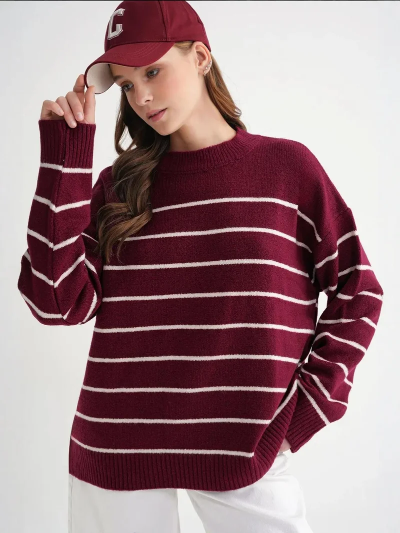 MixRay Striped Crew Neck Relaxed Knit Pullover Sweater