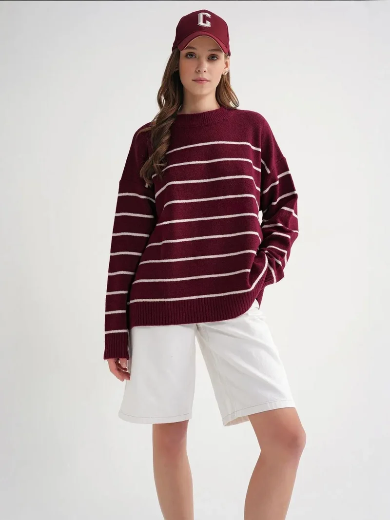 MixRay Striped Crew Neck Relaxed Knit Pullover Sweater