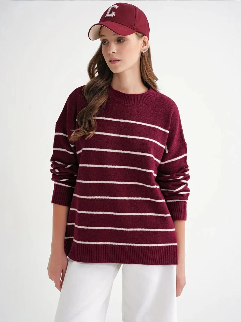 Mixray Burgundy Red Striped Crew Neck Relaxed Knit Pullover Sweater for Women | Best Price UAE