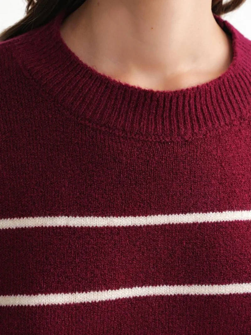 Mixray Burgundy Red Striped Crew Neck Relaxed Knit Pullover Sweater for Women | Best Price UAE