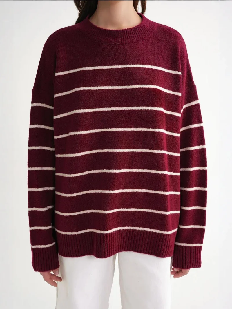 Mixray Burgundy Red Striped Crew Neck Relaxed Knit Pullover Sweater for Women | Best Price UAE