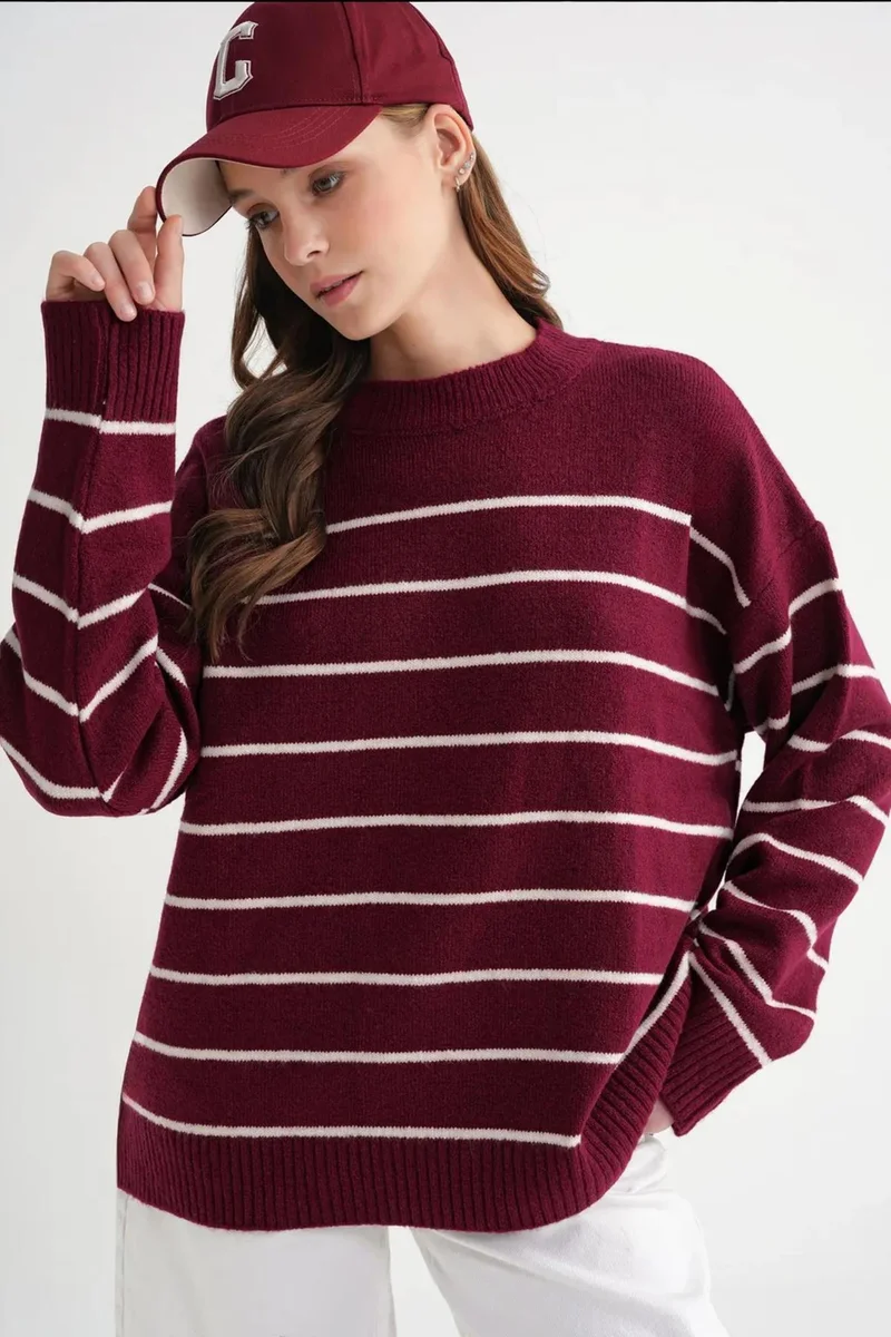 Mixray Striped Crew Neck Relaxed Knit Pullover Sweater