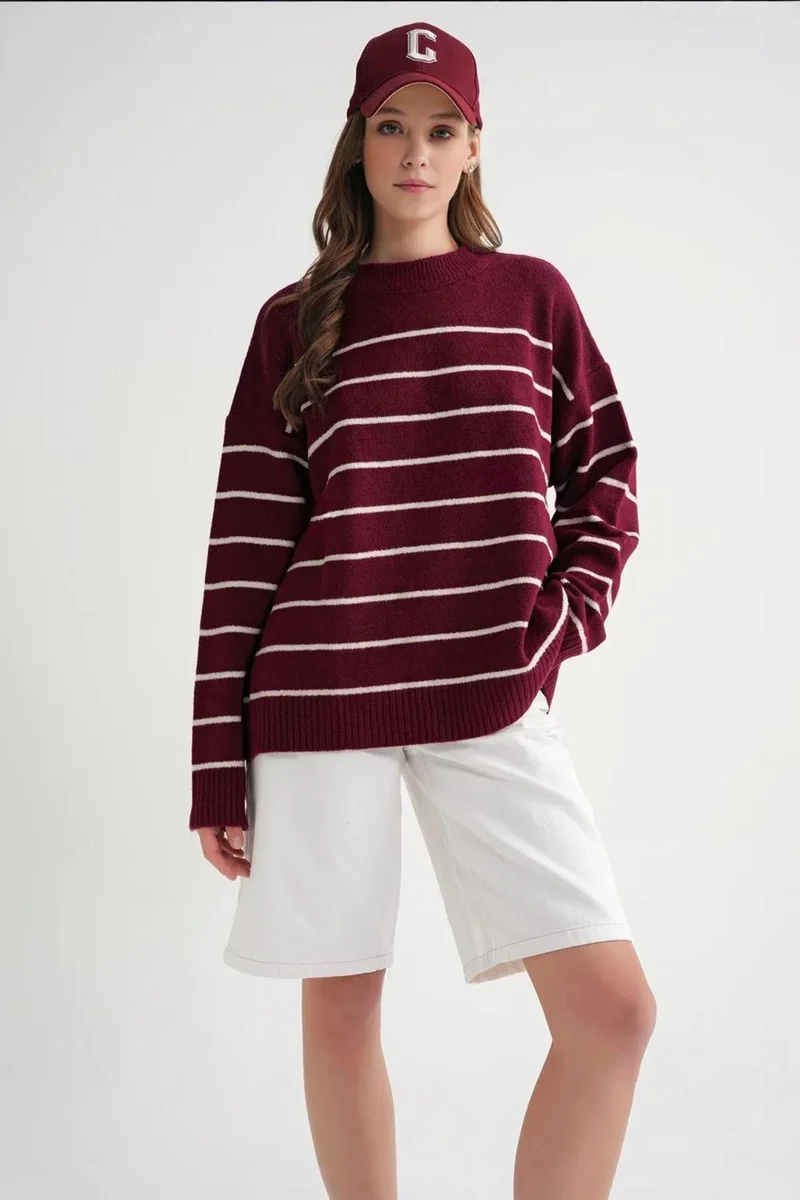 Mixray Striped Crew Neck Relaxed Knit Pullover Sweater