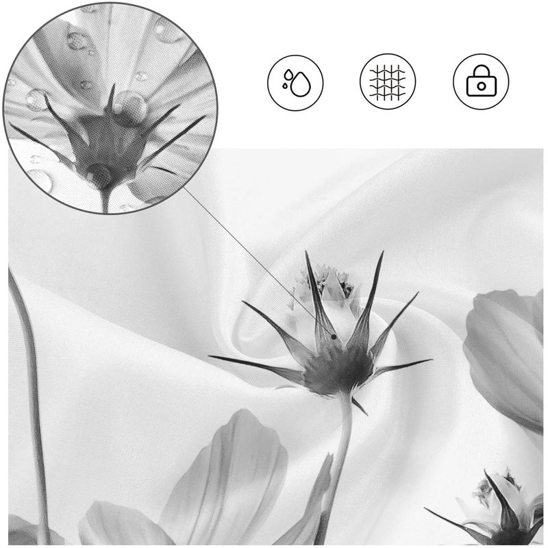 Kikiry Black and Gray Floral Shower Curtain 60''W x 72''L Grey Daisy Flower White Elegant Wildflower Design Polyester Fabric Waterproof 12 Pack Plastic Hooks - Image 1