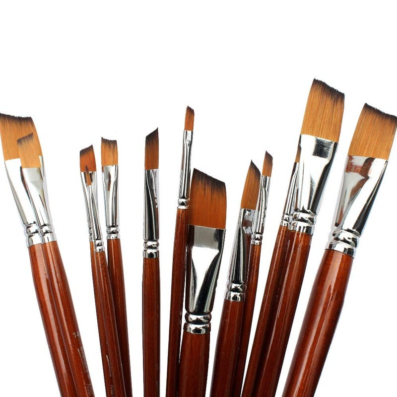 Chrome Long Handle Synthetic Angular Tip Artist Paint Brushes - 13 Piece Set - Image 3