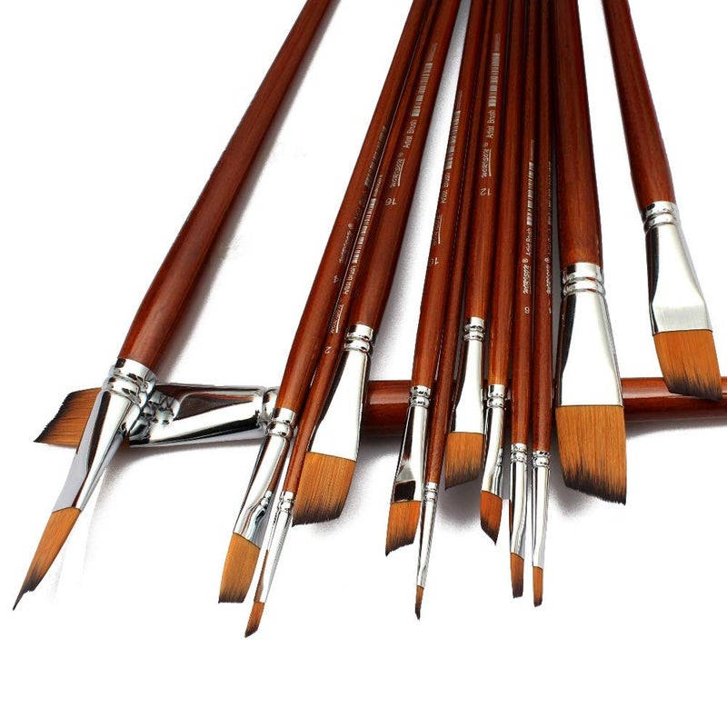 Chrome Long Handle Synthetic Angular Tip Artist Paint Brushes - 13 Piece Set - Image 4