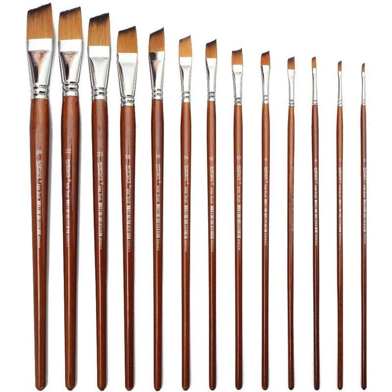 Chrome Long Handle Synthetic Angular Tip Artist Paint Brushes - 13 Piece Set - Image 1