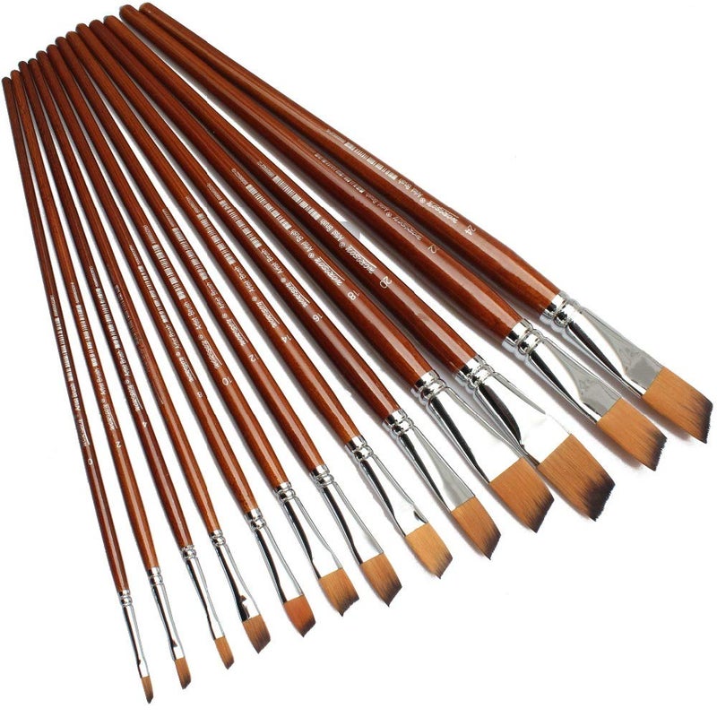 Chrome Long Handle Synthetic Angular Tip Artist Paint Brushes - 13 Piece Set - Image 2
