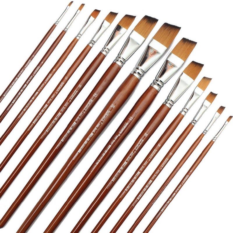 Chrome Long Handle Synthetic Angular Tip Artist Paint Brushes - 13 Piece Set - Image 5