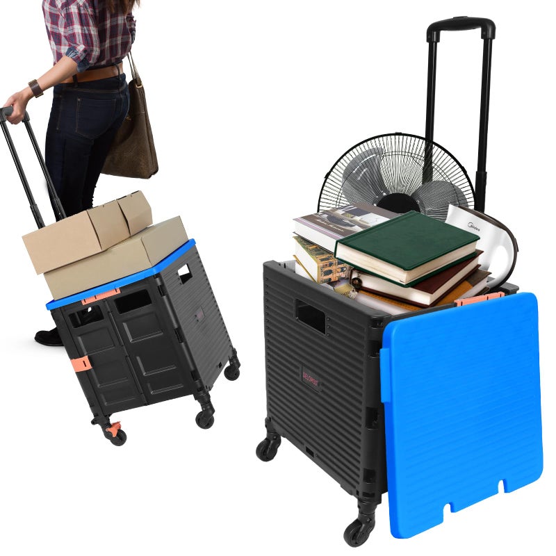 SELORSS Rolling Crate Utility Cart Collapsible Tote Basket Teacher Cart with Lid WearResistant Noiseless 360Rotate Wheel Telescoping Handle for Trave Moving Luggage UseBlue110lbs 