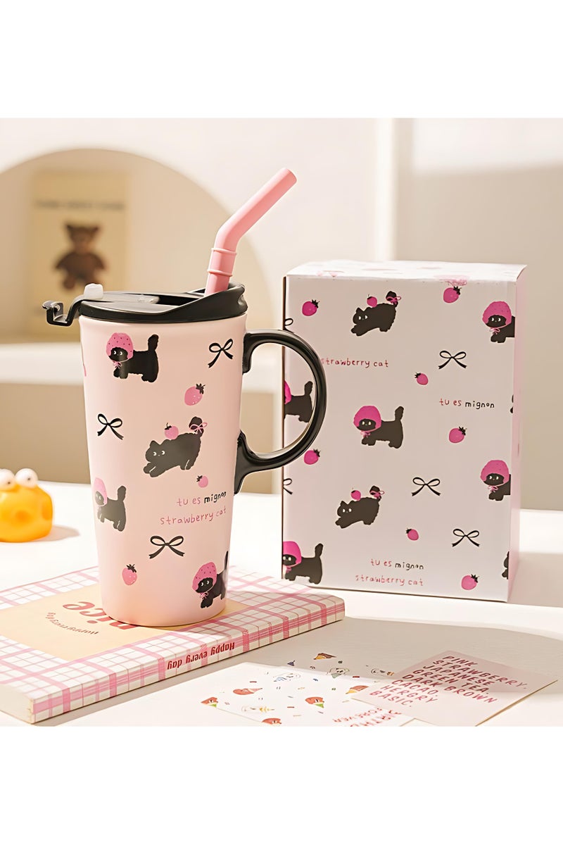 جوسكوين العربية: كوب سفر سيراميك بقطة وفراولة ٥٥٠ مل - على طراز ستانلي كوب، مقاوم للتسرب مع قشة ومقبض (وردي كارتون) - Image 1