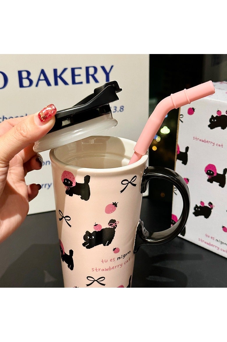 جوسكوين العربية: كوب سفر سيراميك بقطة وفراولة ٥٥٠ مل - على طراز ستانلي كوب، مقاوم للتسرب مع قشة ومقبض (وردي كارتون) - Image 3
