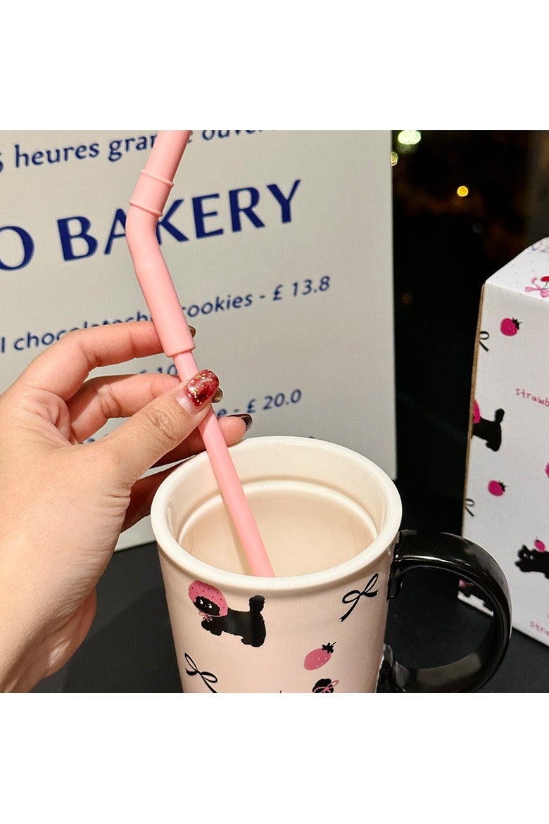 جوسكوين العربية: كوب سفر سيراميك بقطة وفراولة ٥٥٠ مل - على طراز ستانلي كوب، مقاوم للتسرب مع قشة ومقبض (وردي كارتون) - Image 4