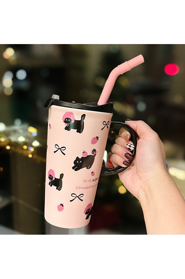 جوسكوين العربية: كوب سفر سيراميك بقطة وفراولة ٥٥٠ مل - على طراز ستانلي كوب، مقاوم للتسرب مع قشة ومقبض (وردي كارتون) - Image 5