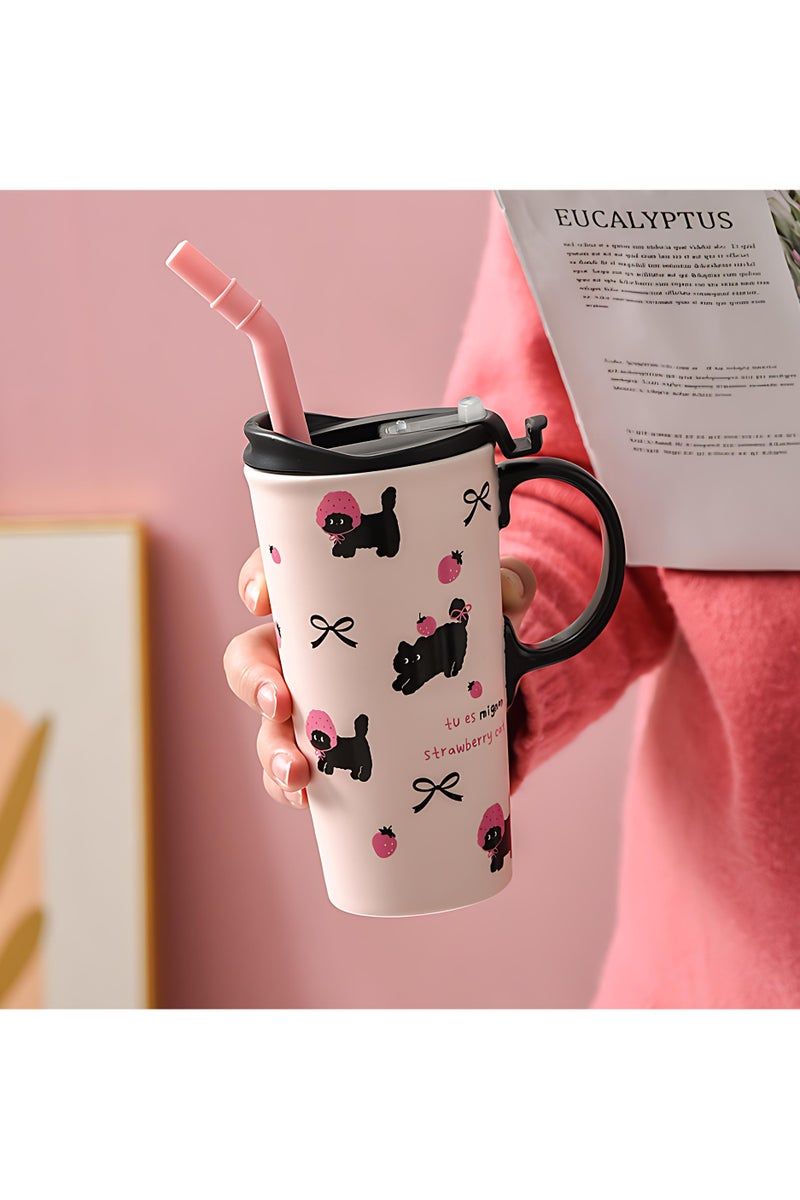 جوسكوين العربية: كوب سفر سيراميك بقطة وفراولة ٥٥٠ مل - على طراز ستانلي كوب، مقاوم للتسرب مع قشة ومقبض (وردي كارتون) - Image 2