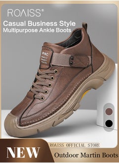 roaiss Men Versatile Martin Boots Classic Solid Color Design Timeless and Ankle High for Leg Enhancement Men Business Casual Leather Boots with Thick Outsoles Perfect for Outdoor Mountain Sports  - Image 1