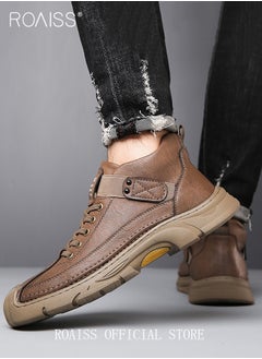 roaiss Men Versatile Martin Boots Classic Solid Color Design Timeless and Ankle High for Leg Enhancement Men Business Casual Leather Boots with Thick Outsoles Perfect for Outdoor Mountain Sports  - Image 2