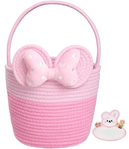 JMHACHY Easter Basket for Kids Cute Bow Woven Empty Easter Baskets with Handle for Girls Toddlers Children Easter Egg Hunt Basket with Personalized Name Tag Patch and Raffia - Image 1