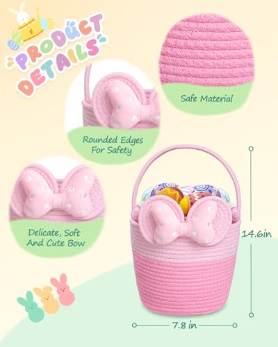 JMHACHY Easter Basket for Kids Cute Bow Woven Empty Easter Baskets with Handle for Girls Toddlers Children Easter Egg Hunt Basket with Personalized Name Tag Patch and Raffia - Image 3