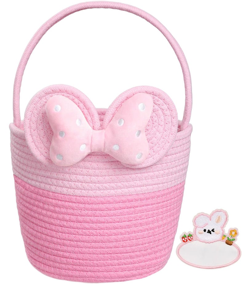 JMHACHY Easter Basket for Kids Cute Bow Woven Empty Easter Baskets with Handle for Girls Toddlers Children Easter Egg Hunt Basket with Personalized Name Tag Patch and Raffia - Image 2