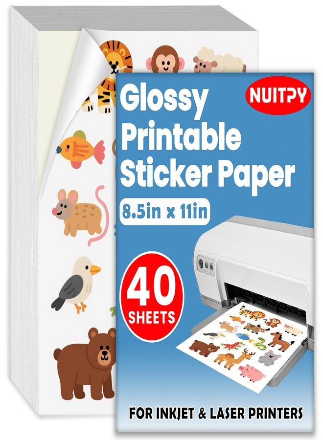 NUITPY 40 Sheets Glossy Sticker Paper, 8.5in x 11in Sticker Paper for Inkjet Printer, Self-adhesive Printable Sticker Papers, Vibrant Colors, Dries Quickly, US Letter Size - Image 1