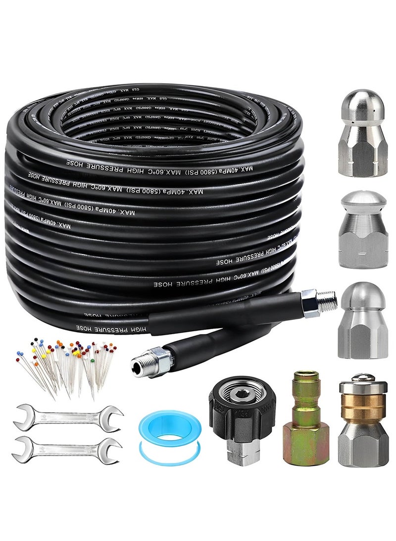 30M Hose Kit for Pressure Washer, 5800PSI Drain Cleaner Hose with Nozzles, Tape & 2 Spanners