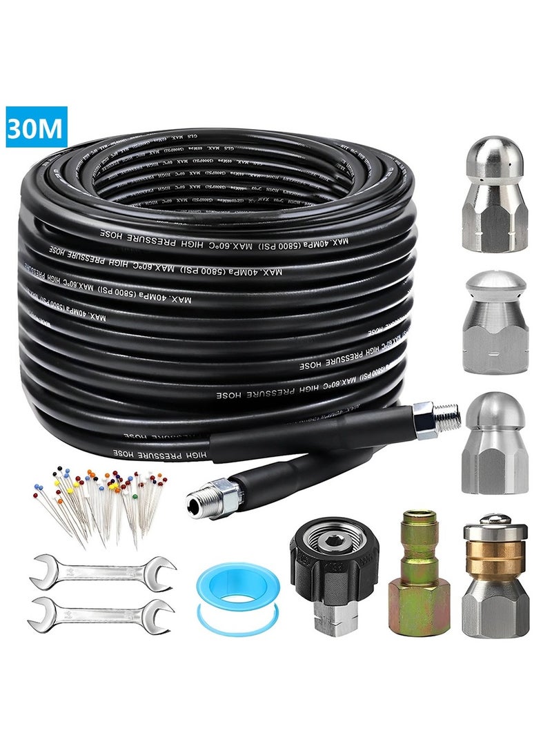 30M Hose Kit for Pressure Washer, 5800PSI Drain Cleaner Hose with Nozzles, Tape & 2 Spanners - Image 1