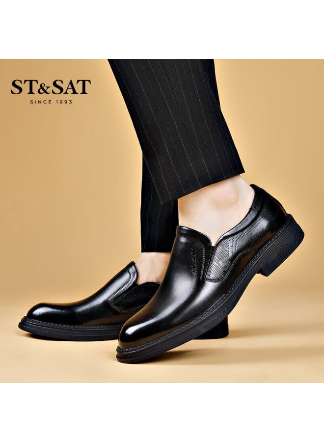 St&sat Men's First Layer Cowhide Business Formal Slip-on Casual Leather Shoes Black Size 42 - Image 2