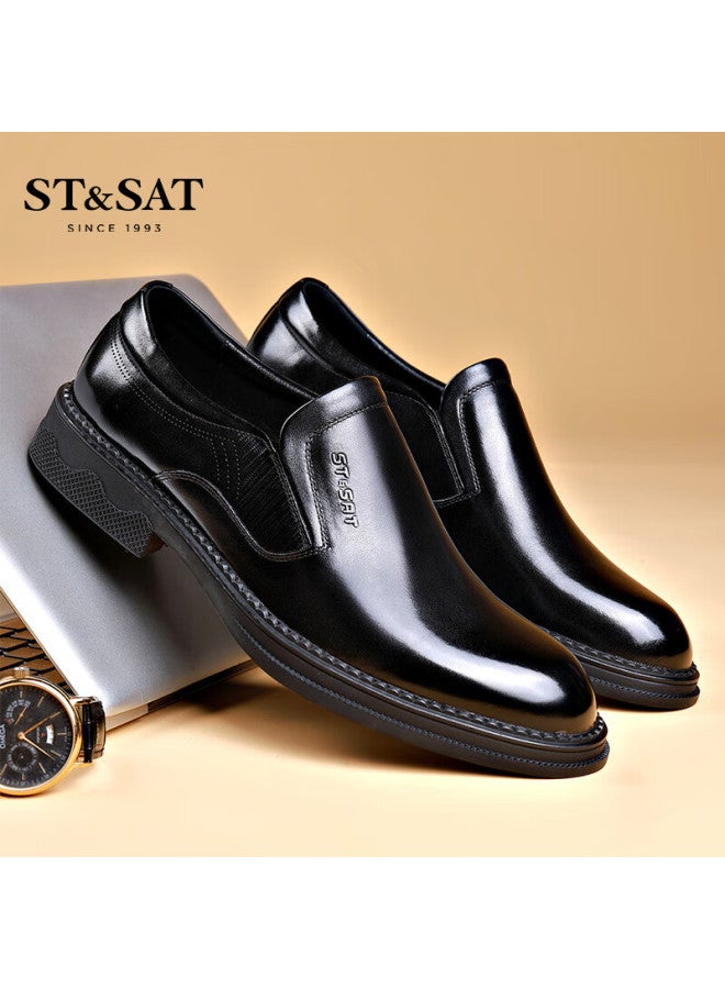 St&sat Men's First Layer Cowhide Business Formal Slip-on Casual Leather Shoes Black Size 42 - Image 1